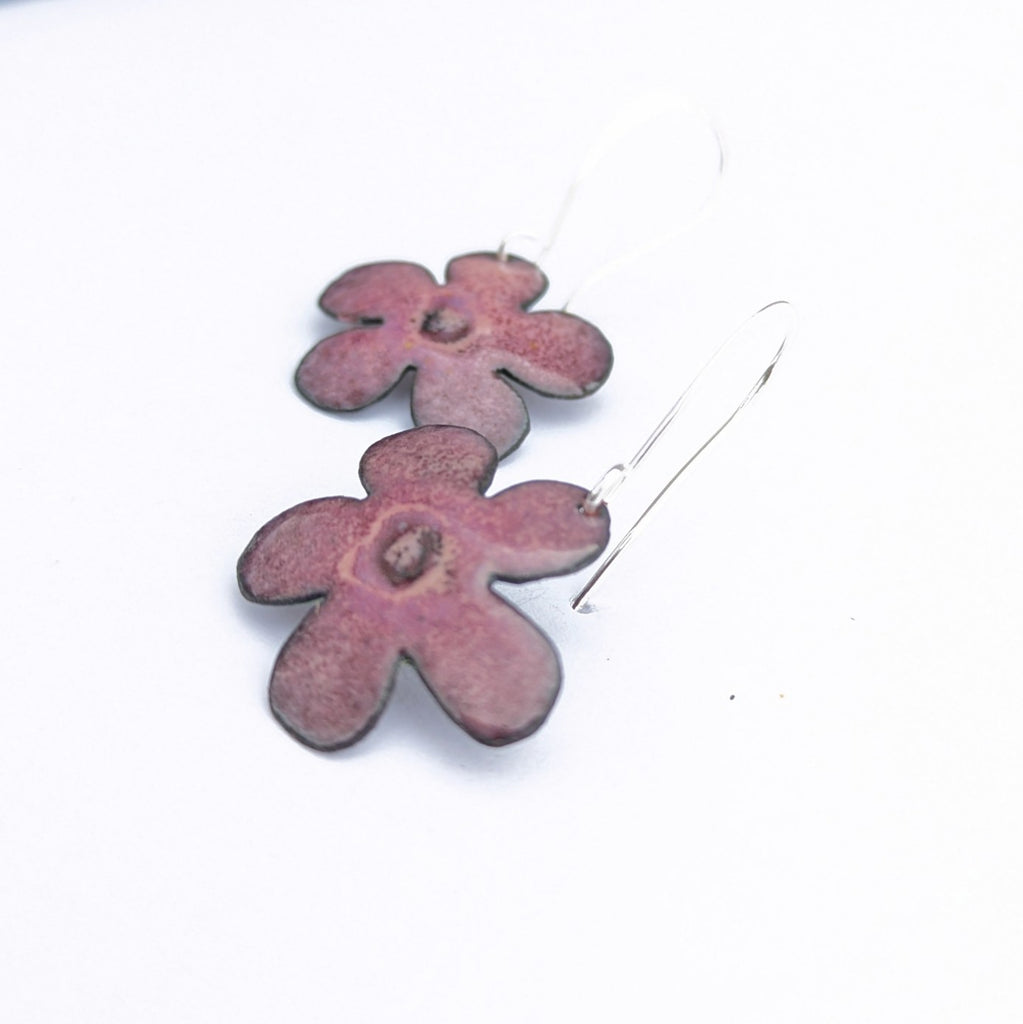 Rose-coloured enamel flower earrings by Tim Laurin.  Made in Canada.