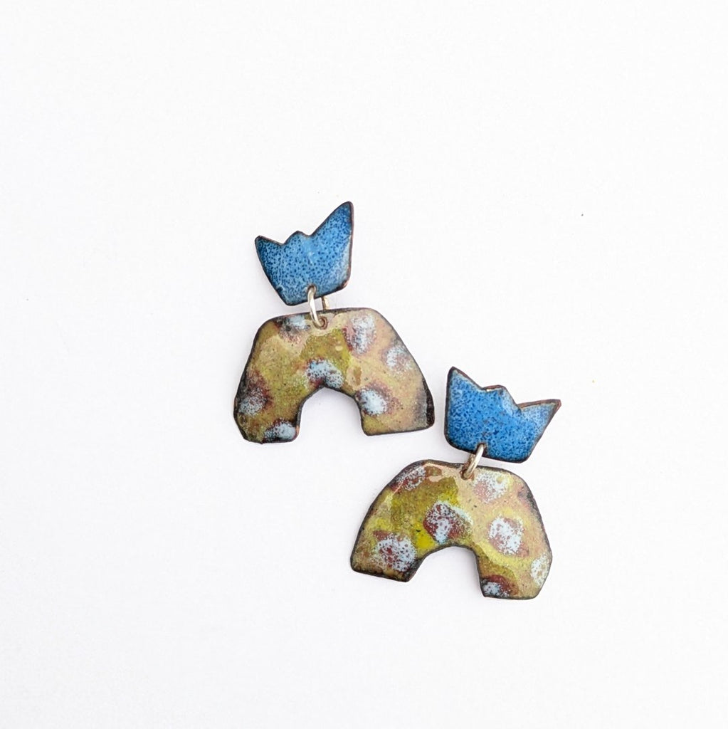 A mini-crown, abstract enamel earring, handmade in Canada by Timothy Laurin
