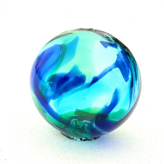 Glass float, white hand-blown glass ball, flat fisherman's float. colour called "Water"