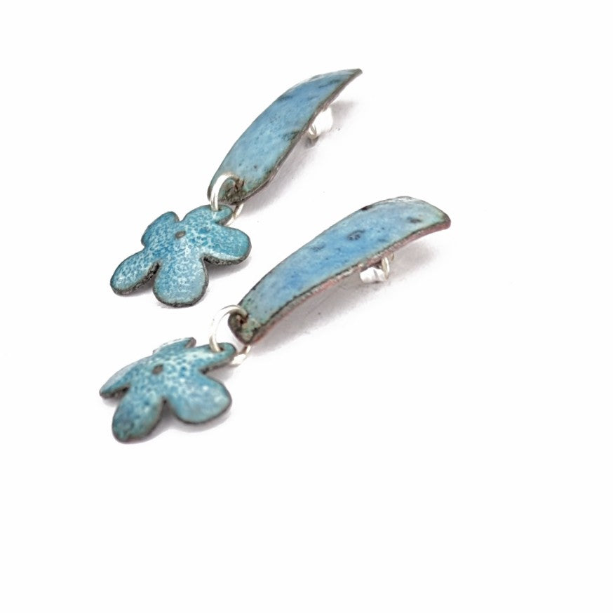side view Hand applied blue enamel finish on these dangle earrings by Canadian Timothy Laurin