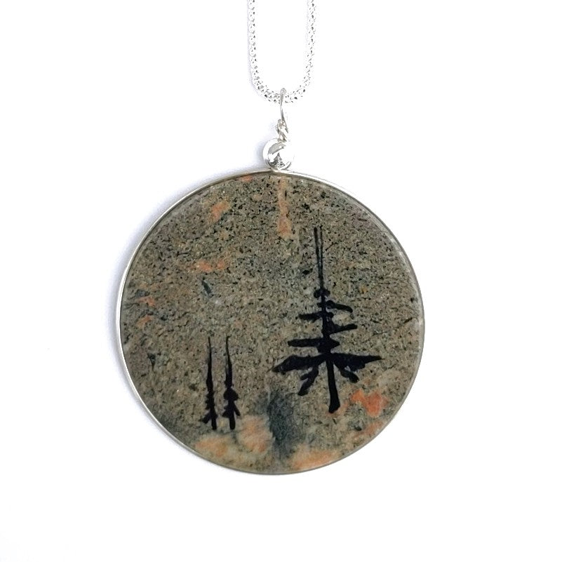 Solid stone, hand painted design, sterling silver chain, pendant made in Canada by Wendy Stanwick of A Slice of the North jewellery.