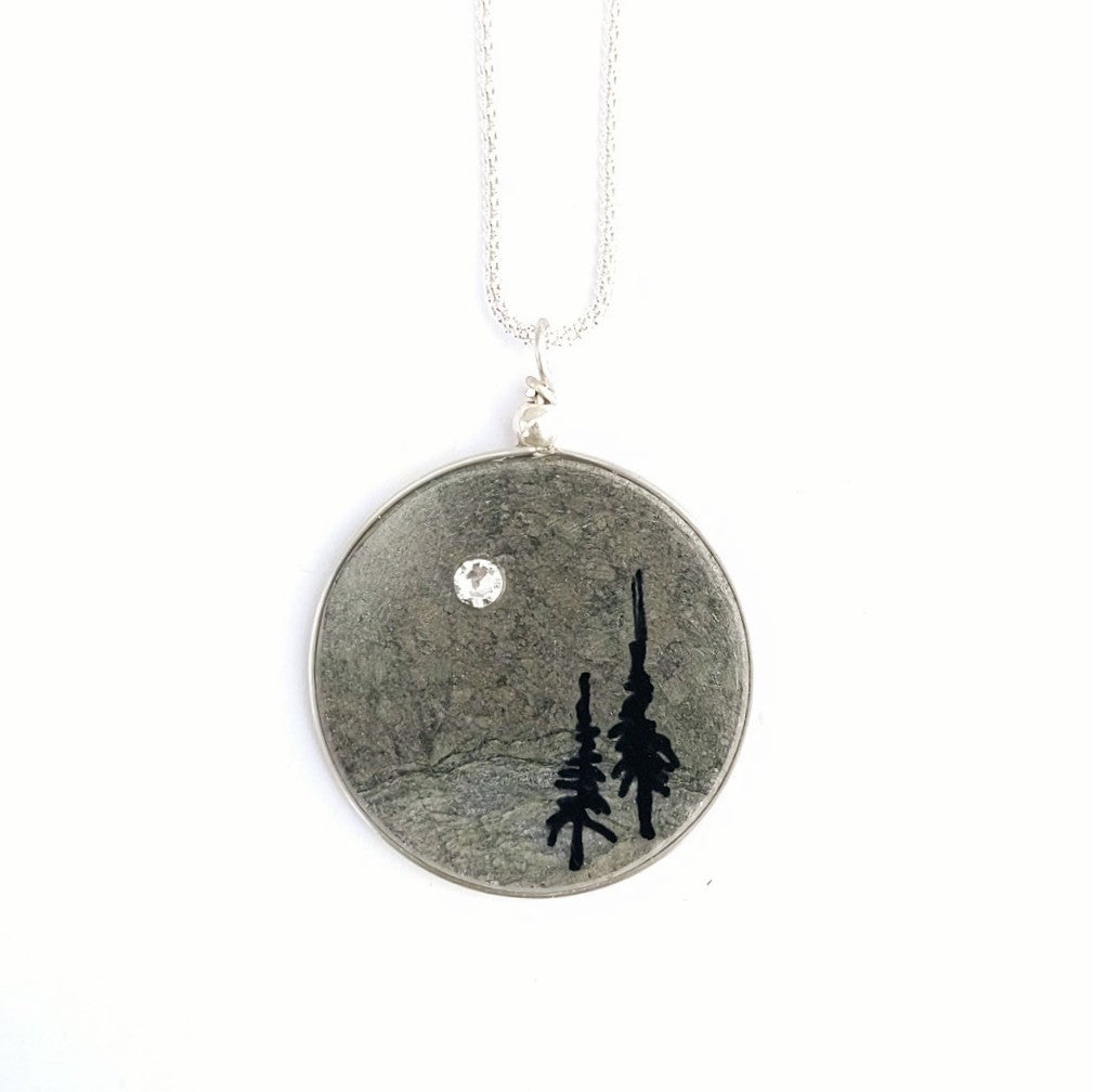 Swarovski Crystal and hand painted trees on solid stone disc, pendant handmade by Wendy Stanwick of A Slice of the North Jewellery.