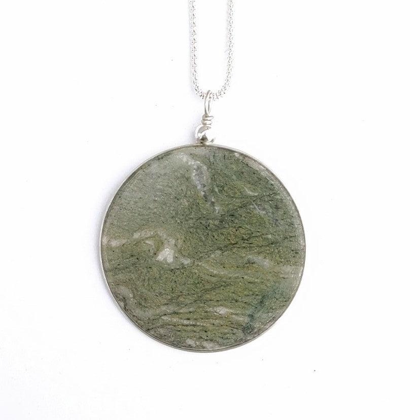 Solid stone, hand painted design, sterling silver chain, pendent made in Canada by Wendy Stanwick of A Slice of the North jewellery., back view