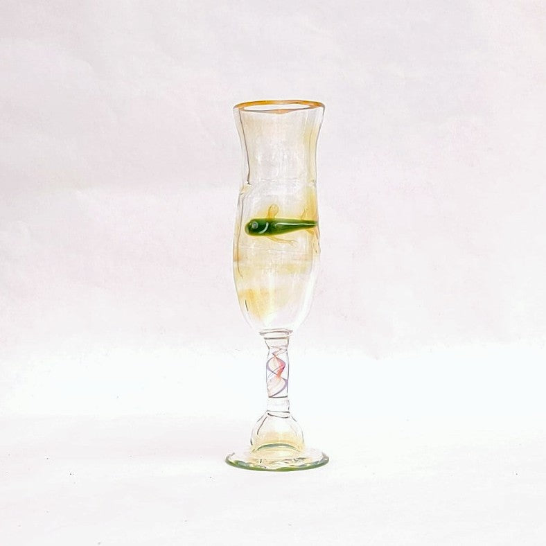 Green Fish on white background Ocean themed champagne glass by Otter Rotolante of OT Glass