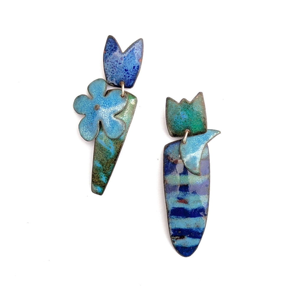 Fun, dangle earrings with three connected parts, enamel jewellery by Canadian artist Timothy Laurin