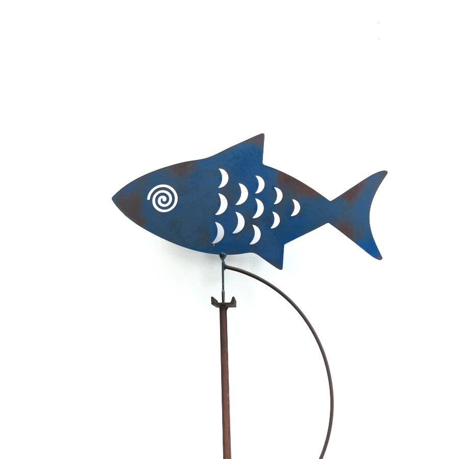 Blue fanciful fish Kinetic sculpture by Mark Clark, steel and concrete detail