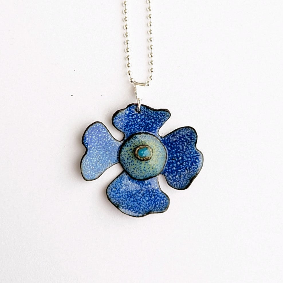 Blue floral enamel pendant by Canadian artisan Tim Laurin