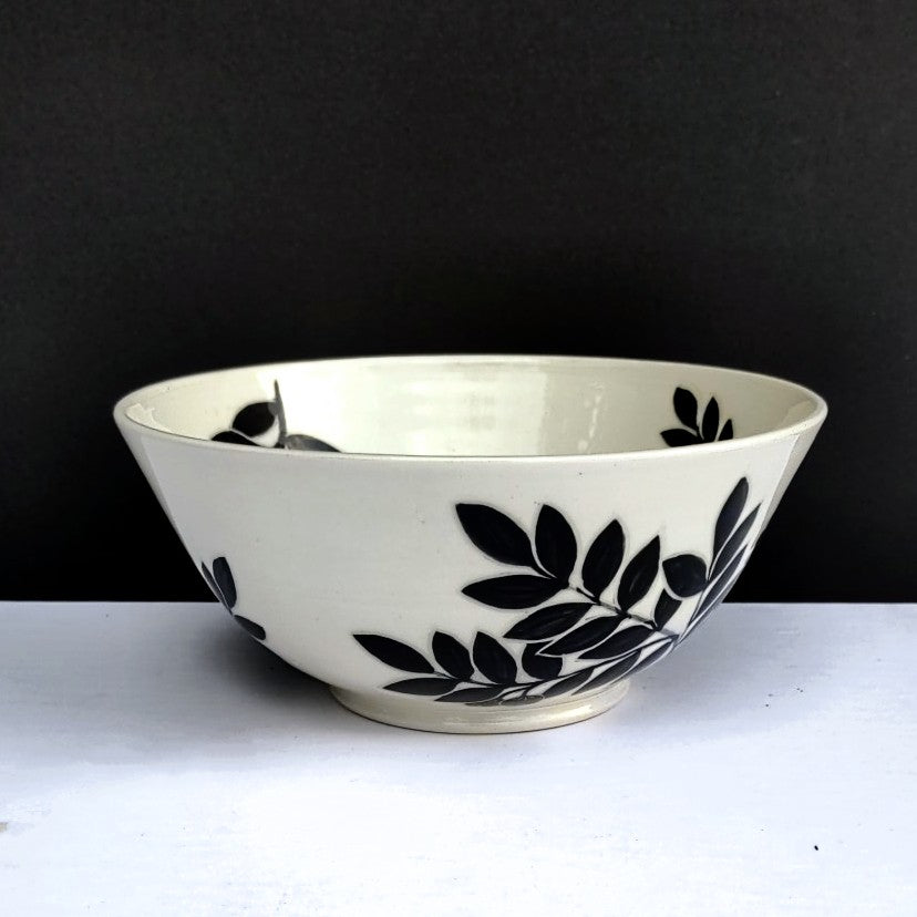 alternative side view of White clay with black carved design, pottery bowl by Amanda Kerr