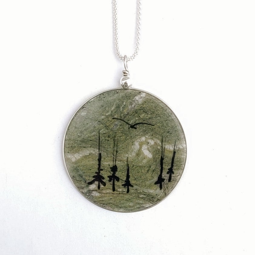Solid stone, hand painted design, sterling silver chain, pendent made in Canada by Wendy Stanwick of A Slice of the North jewellery.