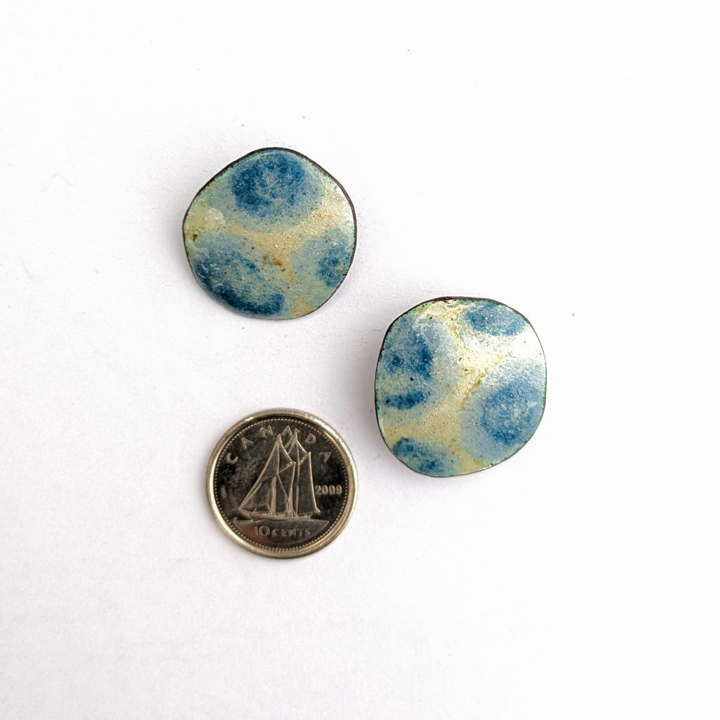 Blue & Gold Abstract enamel stud earrings, handcrafted in Canada by Timothy Laurin, showing size