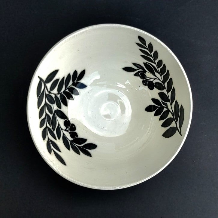 inside view of branches in White clay with black carved design, pottery bowl by Amanda Kerr