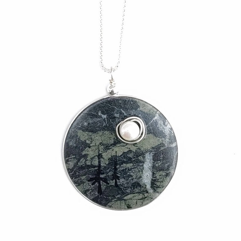 Solid Granite disc, painted northern trees, freshwater pearl, sterling silver chain, pendant by Wendy Stanwick, A Slice of the North jewellery.