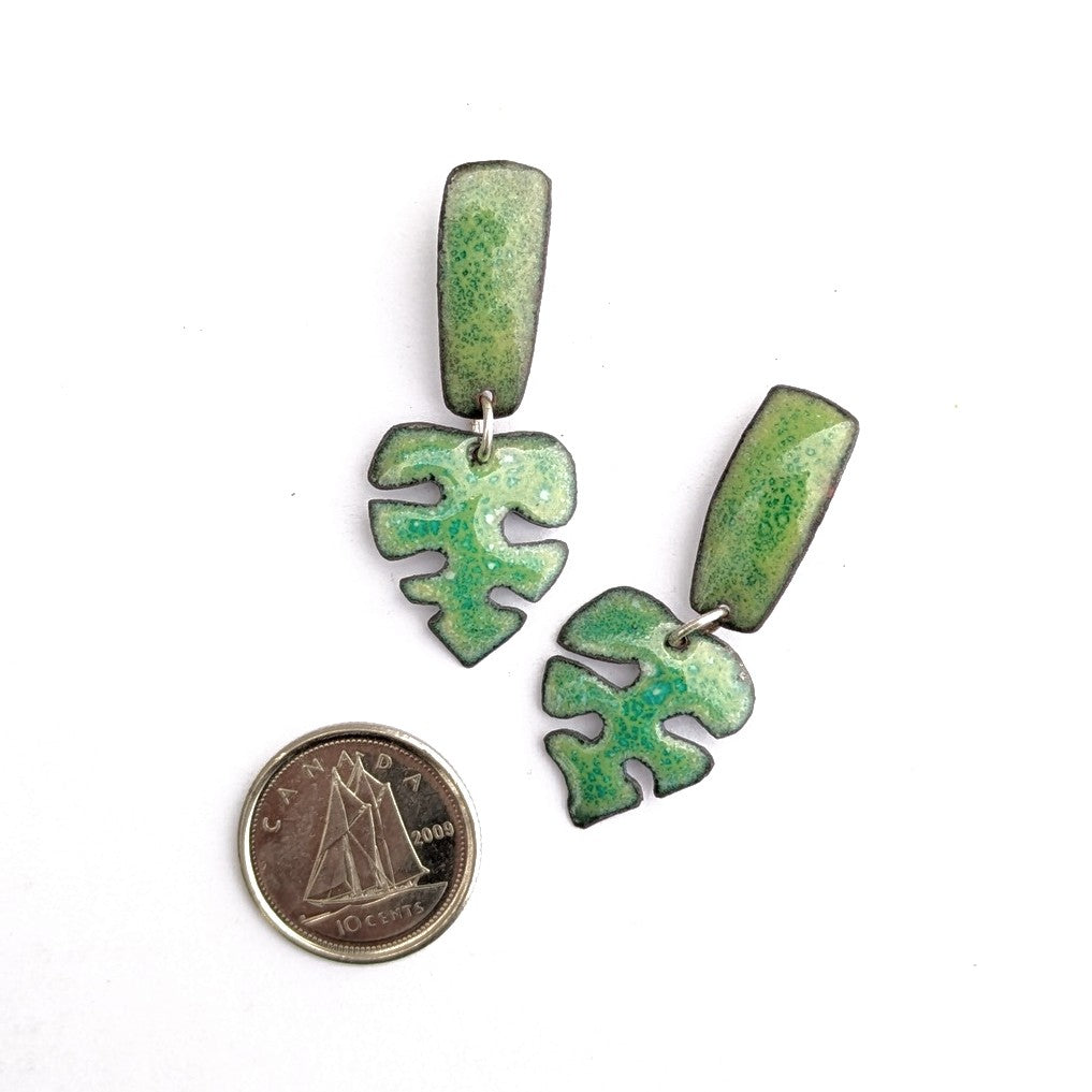 Hand crafted enamel earrings by Canadian Tim Laurin. showing actual size