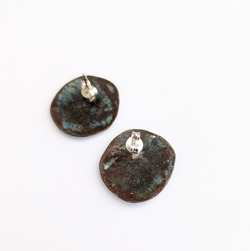 Blue & Gold Abstract enamel stud earrings, handcrafted in Canada by Timothy Laurin, back view