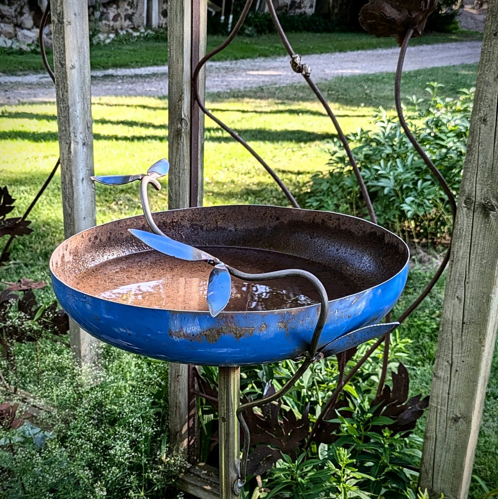 Recycled metal bird bath by Heather Zondervan of Metallic Evolution, garden art made in Canada available at Styll.