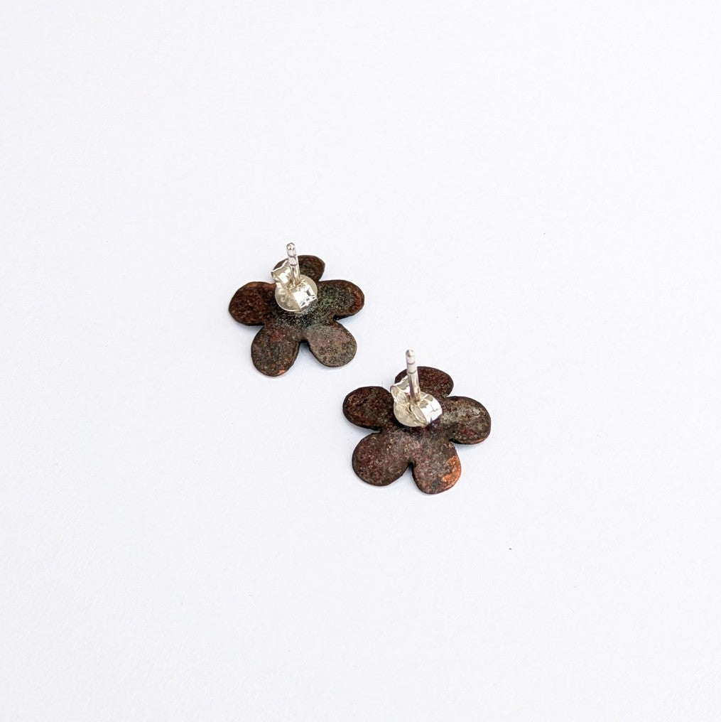 Blue enamel flower stud earrings by Timothy Laurin, handmade in Canada. back view