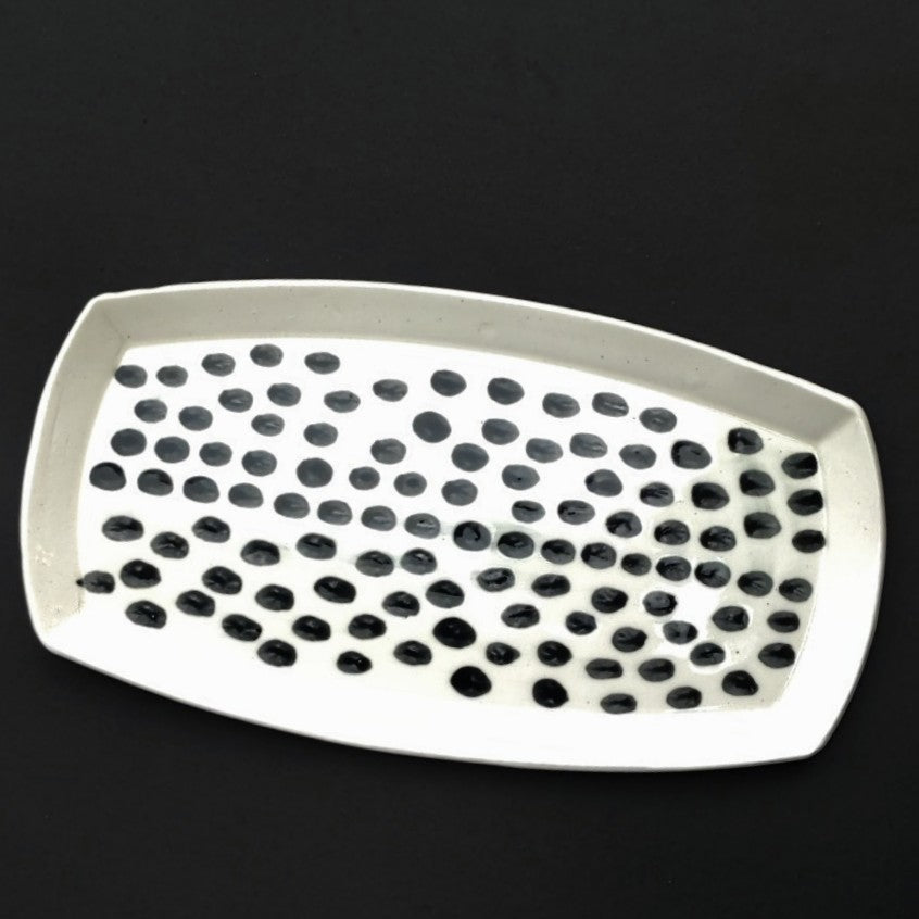 Graphic black and white serving platter, hand made pottery by Juliet Promintz, top view