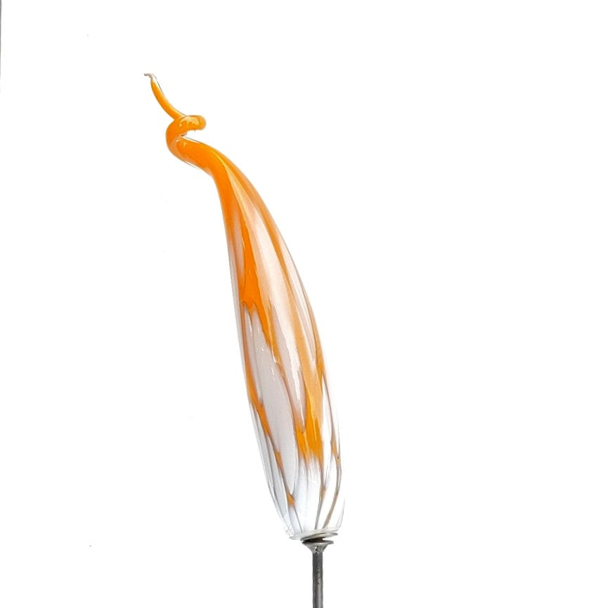 Orange and white Glass spike, garden decor by Skytree Smith of Elemental Glassworks, on metal rod