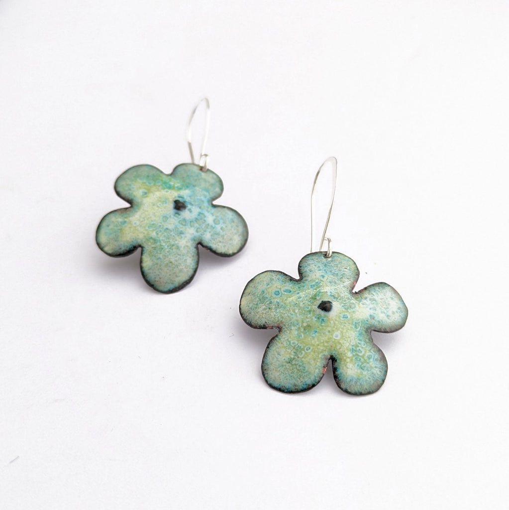 Green enamel drop earrings on sterling silver earwire, handmade by Timothy Laurin, contemporary primativsm.