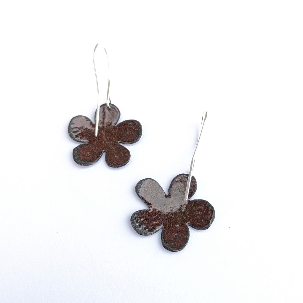 Rose-coloured enamel flower earrings by Tim Laurin.  Made in Canada back view