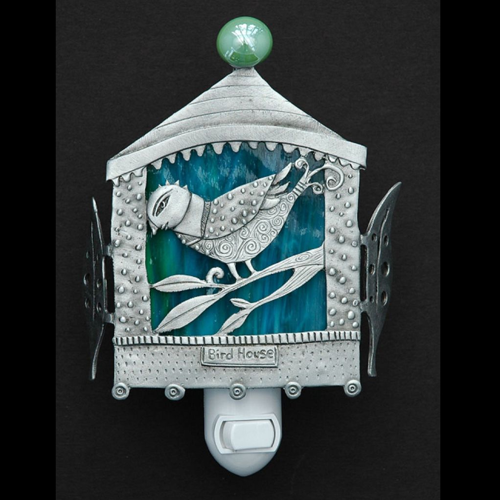 Bird House pewter night light by Leandra Drumm, with a magical bird in tree
