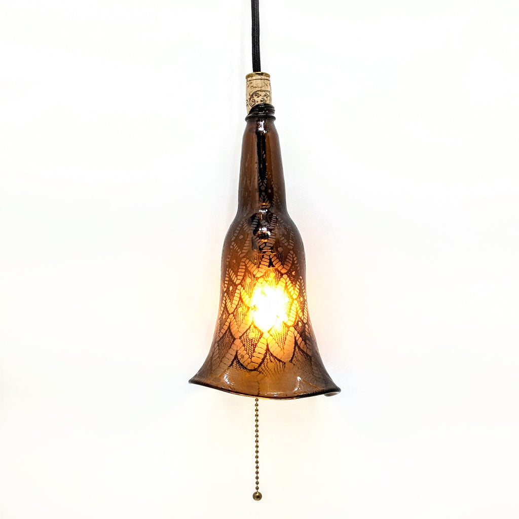 Bottle Pendant Lamps, blown glass amber etched  light on