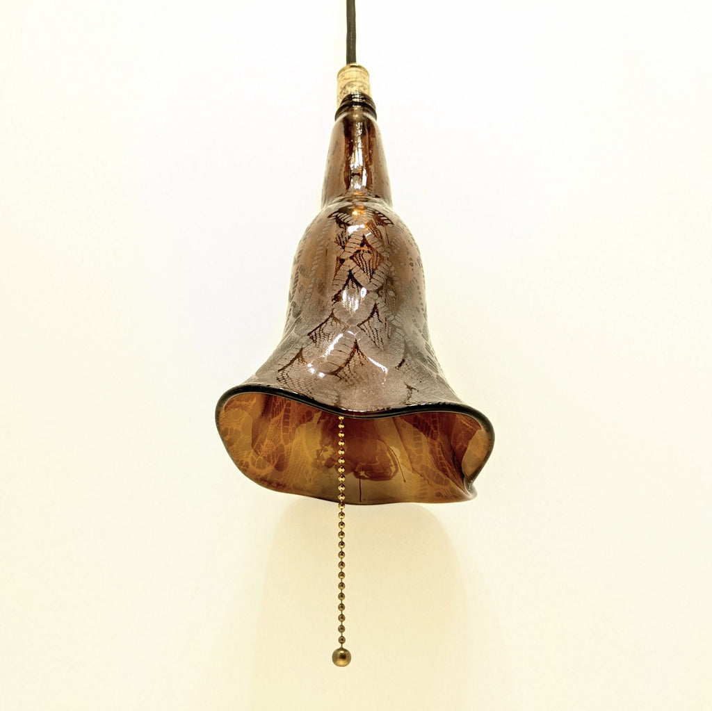 Bottle Pendant Lamps, blown glass amber etched