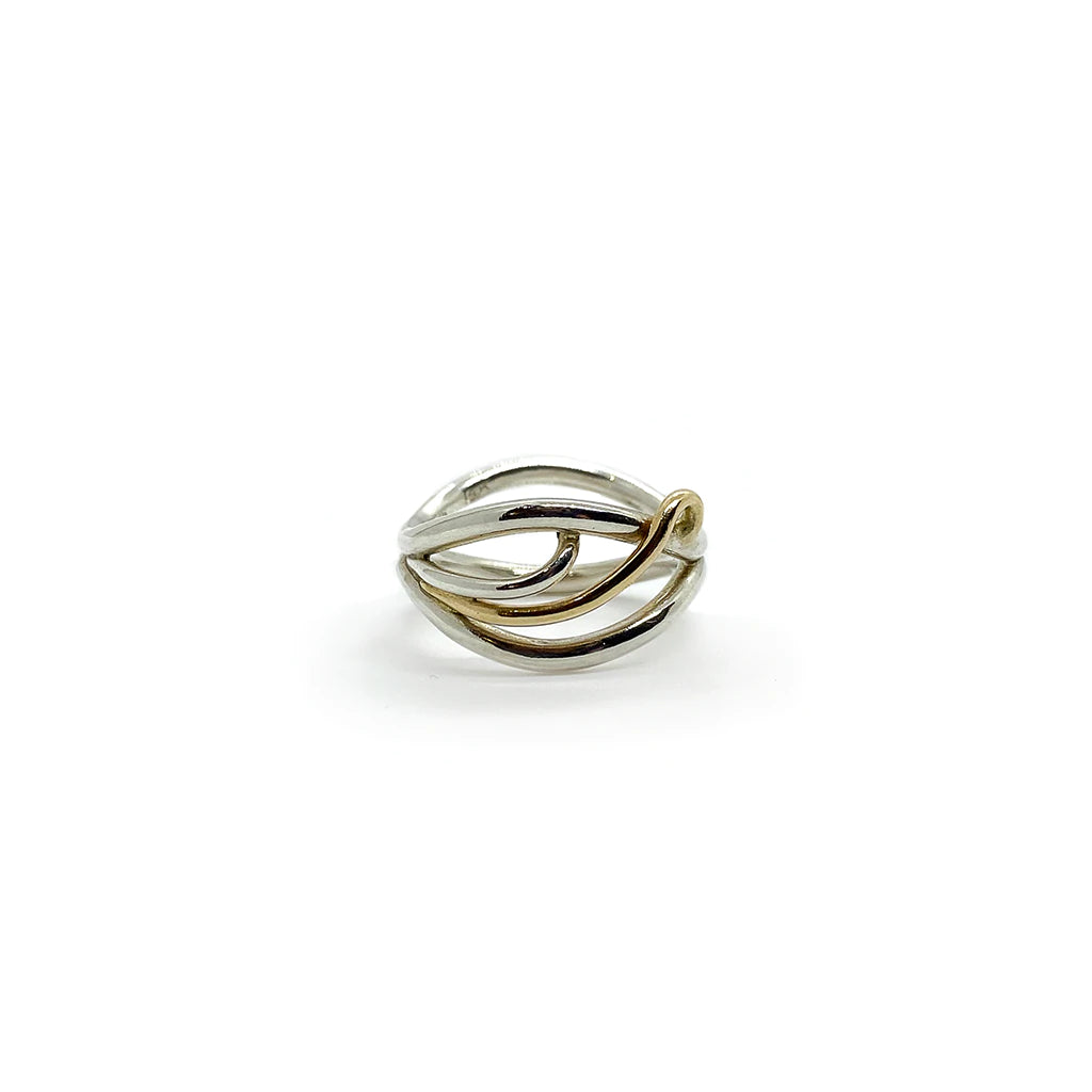 Flame ring in sterling silver and 14 karat gold, handcrafted in Canada by Lynda Constantine