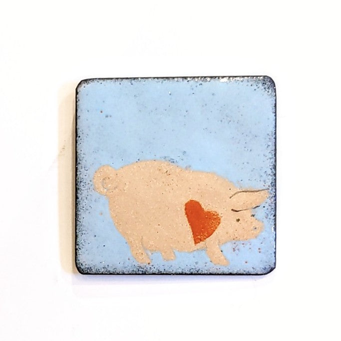 Enamel fridge magnet by Margot Page,  piglet with heart desgin