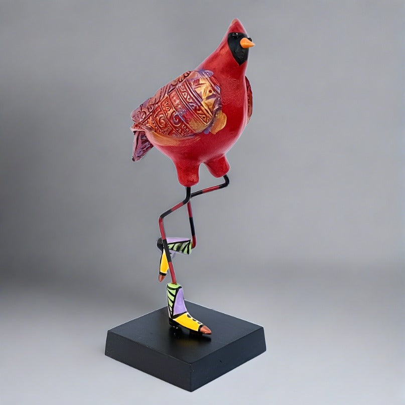 Cardinal with cowboy boots, ceramic sculpture by Steven McGovney, side view