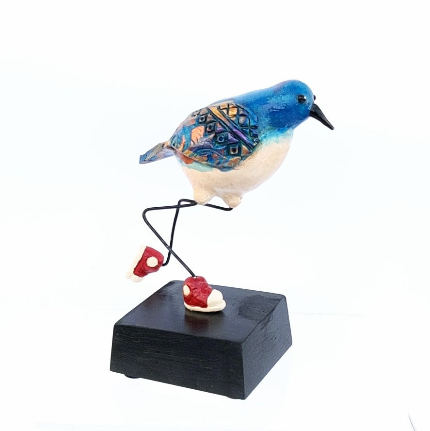 Baby Blue Bird with sneakers, ceramic sculpture by Steven  McGovney