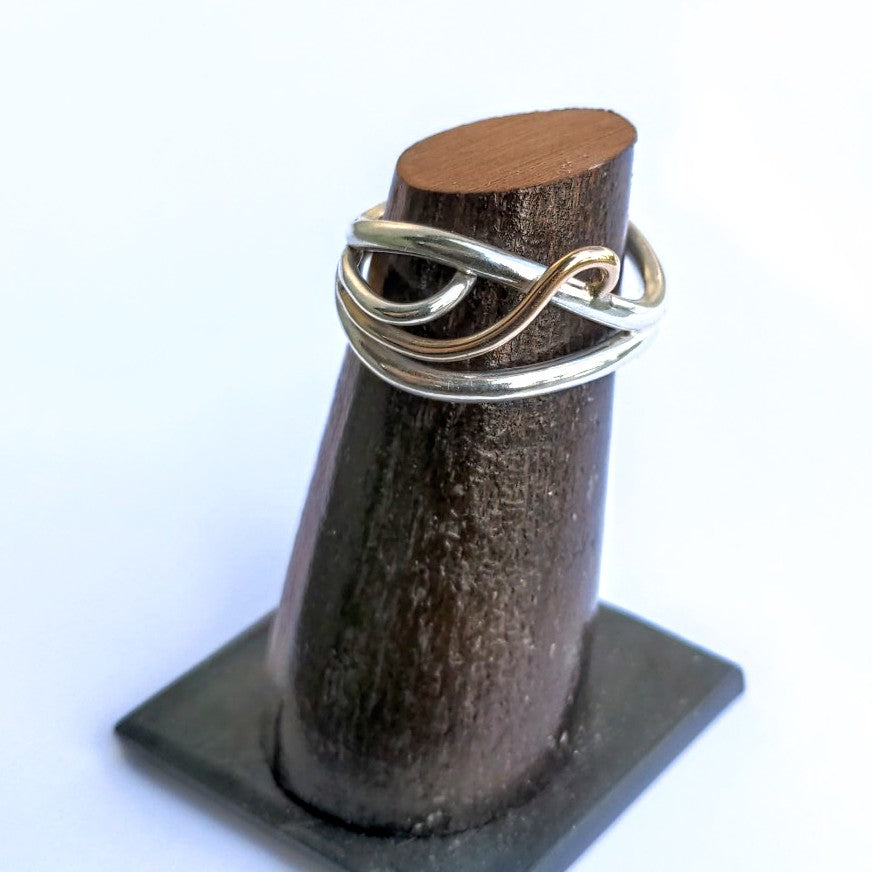 Alternative view of Flame ring in sterling silver and 14 karat gold, handcrafted in Canada by Lynda Constantine