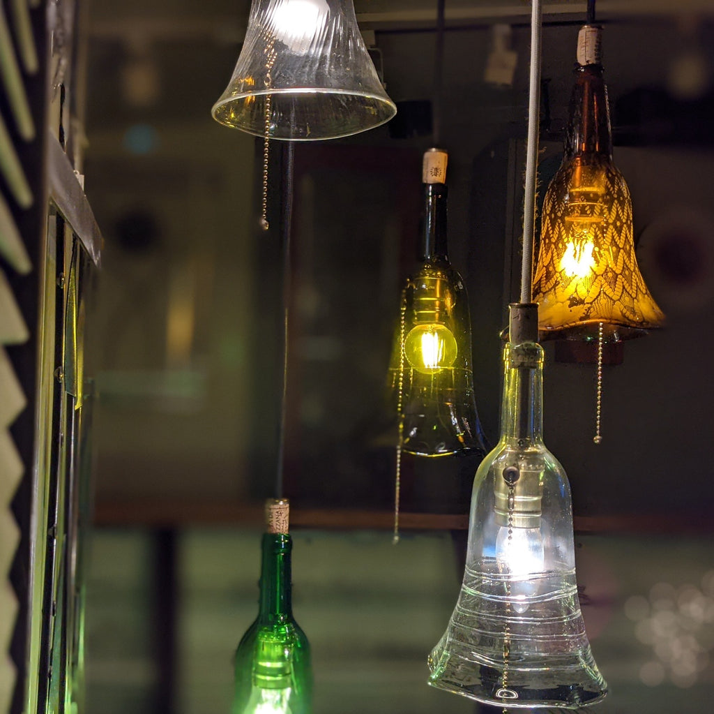 Bottle Pendant Lamps, blown glass grouping