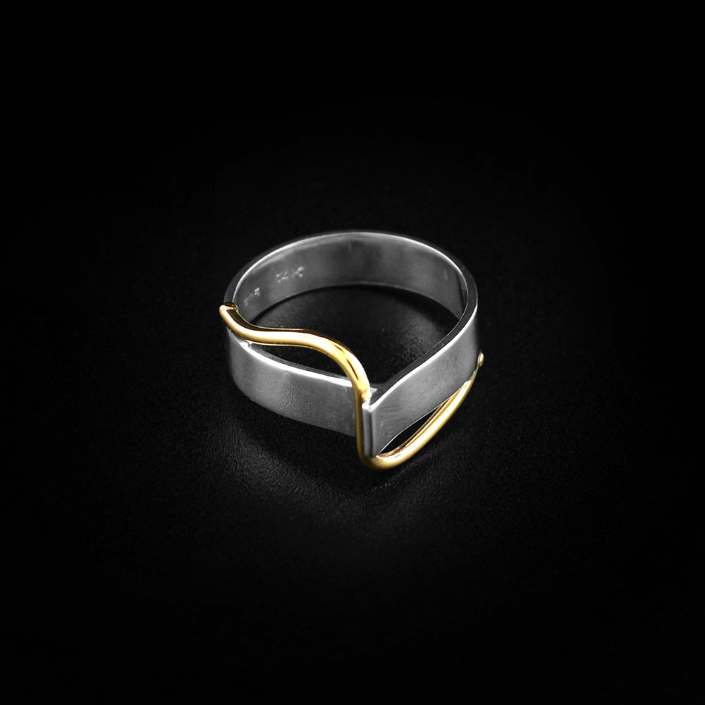 Another view of River Ring in sterling silver with 14 karat gold accent, handcrafted in Canada by Lynda Constantine.